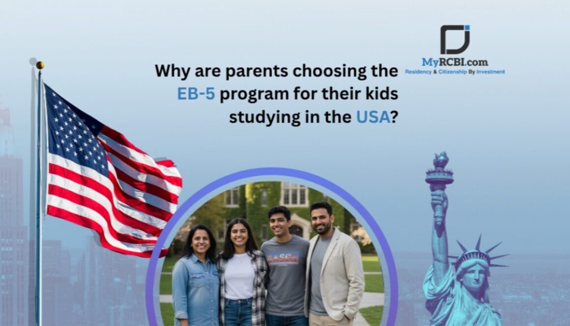 Graphic explaining how the US EB-5 investor visa protects H-1B dependent children from aging out at 21 and grants domestic student tuition.