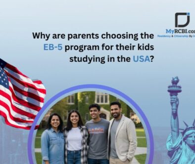 Graphic explaining how the US EB-5 investor visa protects H-1B dependent children from aging out at 21 and grants domestic student tuition.