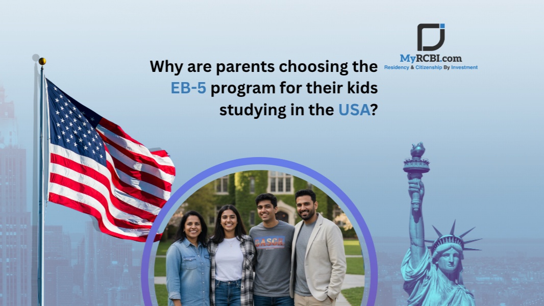 Graphic explaining how the US EB-5 investor visa protects H-1B dependent children from aging out at 21 and grants domestic student tuition.
